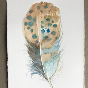 Watercolour painting original. Feather in blue & ochre. Small watercolour 7,5 by 11 inches. Feather wall art, Minimalist art, Unisex gifts image 1
