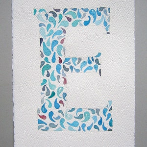 Watercolor painting of letter E. Small watercolors. Art painting original only. Blue, pastel painting. Home decor. image 1