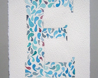 Watercolor painting of letter E. Small watercolors. Art painting original only. Blue, pastel painting. Home decor.