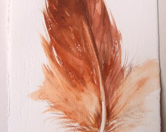Origineel aquarelschilderij bruine veren (7,5 x 11 inch)
