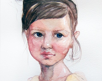 Watercolor portrait of a Girl with yellow top. Custom portraits. Original watercolor only. Portrait painting. Birthday gift idea.