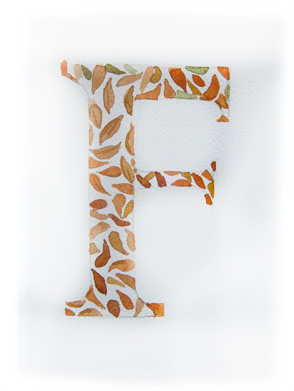 Watercolor Painting of Letter F. Art Original Only. Autumn Colored
