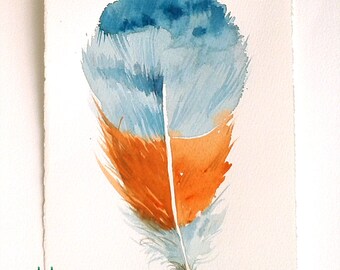 Originele veren aquarel schilderij, blauwe mandarijn kunst (7,5 x 11)