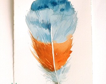 Watercolour Feather painting original Blue tangerine Feather art work Minimalist Art Small watercolours 7,5"x 11" Home Gallery, Unisex gift