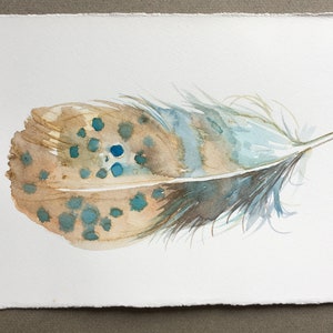 Watercolour painting original. Feather in blue & ochre. Small watercolour 7,5 by 11 inches. Feather wall art, Minimalist art, Unisex gifts image 2