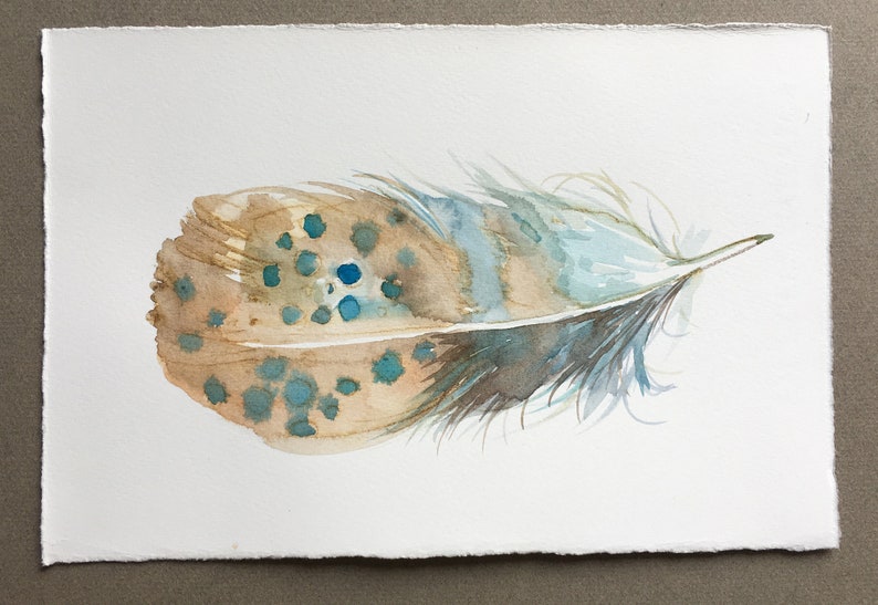 Watercolour painting original. Feather in blue & ochre. Small watercolour 7,5 by 11 inches. Feather wall art, Minimalist art, Unisex gifts image 2