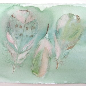 Minty green feathers. Watercolor paintings original | Fantasy feathers illustration/ Birthday gift | Abstract painting | Feather wall art
