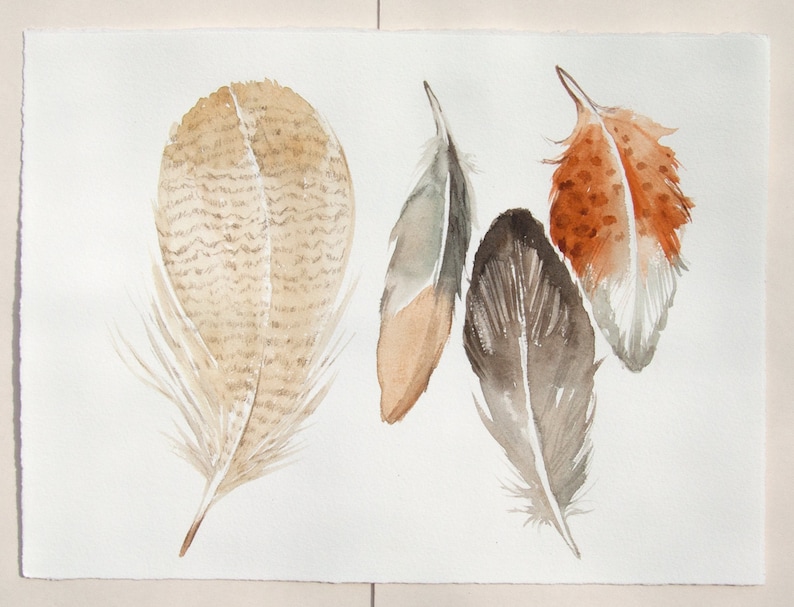 Feathers paintings Original watercolor illustration/ Painted feathers in gray, ocher and taupe/ Four fantasy feathers 11,5 by 15 image 2