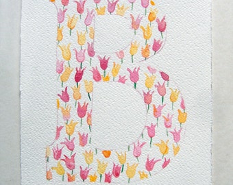 Watercolor painting of letter B. Spring typography. Alphabet painting. Nursery art.