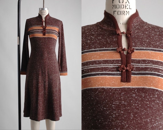 1970s Mandarin Collar Brown Knit Sweater Dress