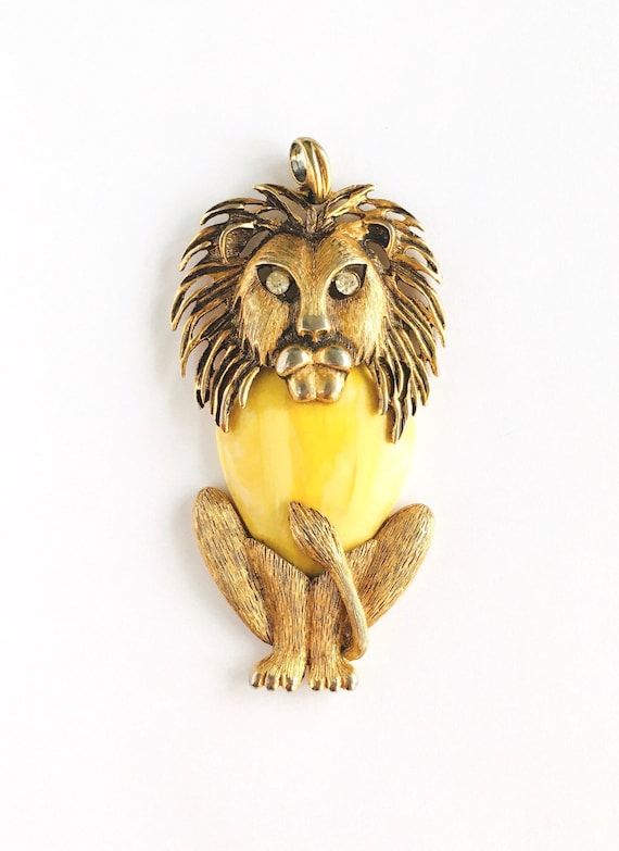 70s Brass + Yellow Lucite Lion Pendant