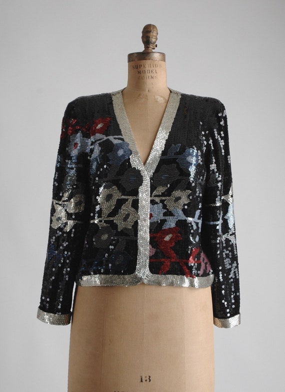 1980s Abstract Floral Design Sequin + Bead Jacket