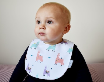 Babero de llama para bebé / Babero impermeable de alpaca para bebé / Babero redondo fácil de limpiar / Delantal moderno para bebé con doble cara: impermeable y de rizo