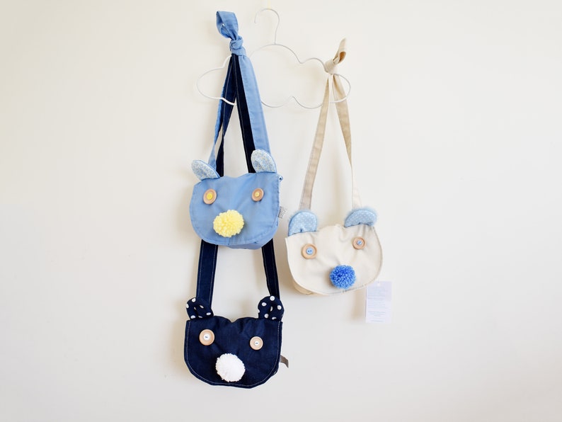 cream and blue bear Modern cross body purse with pompom and ears Toddler pouch with bear face Toddler saddle bag Kids messenger bag
