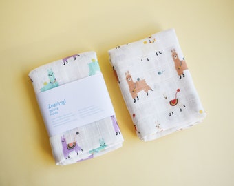 Llamas muslin cloth | Organic cotton baby llamas muslin square | Alpaca Gauze baby rag | modern burp cloth blanket multicolor llama print