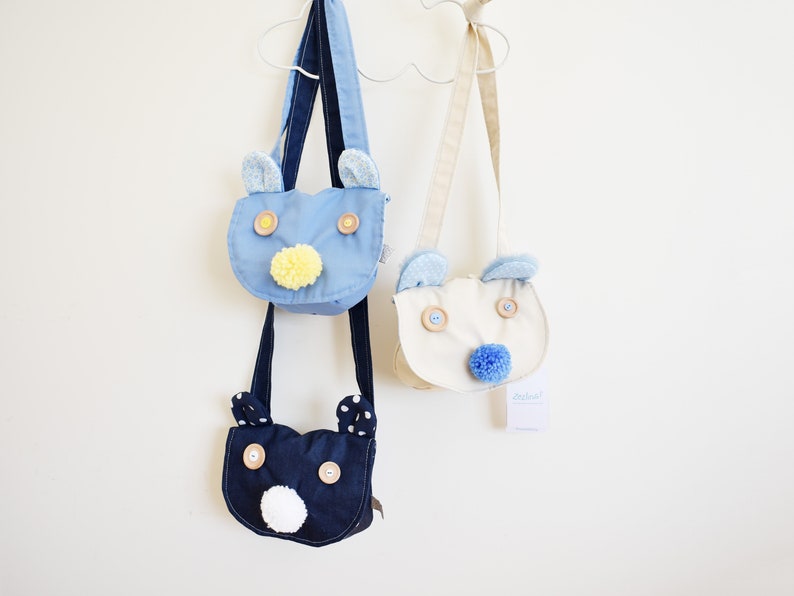 cream and blue bear Modern cross body purse with pompom and ears Toddler pouch with bear face Toddler saddle bag Kids messenger bag