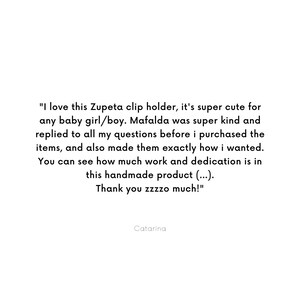 May include: A customer review commending a Zupeta clip holder for its cuteness and the seller's outstanding customer service. The review highlights the seller's prompt responses to queries and the high quality of the handmade product.