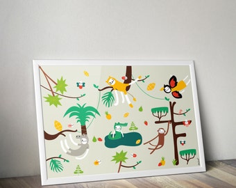 May include: A framed art print featuring a whimsical jungle scene. The illustration includes cartoon animals like monkeys, sloths, and a crocodile, along with trees, fruits, and a butterfly. The color palette is soft, with shades of green, yellow, and brown.