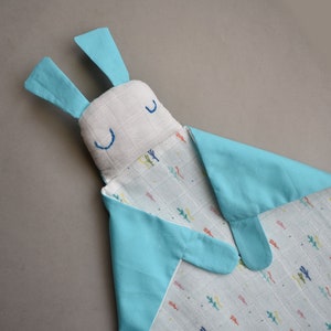 Baby lovey doudou | Muslin fabric modern bunny comforter | Colorful corals and turquoise soft cuddle