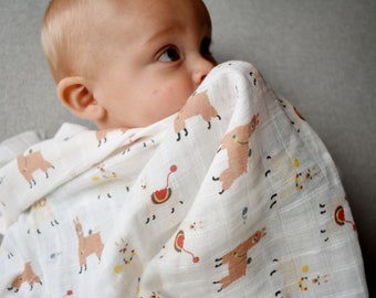 Llamas Muslin blanket | Llamas Gauze baby blanket | modern burp cloth | Muslin square alpaca burp cloth wrap rag | Organic cotton gauze