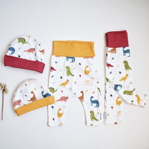 Conjunto de bebé dinossauros | Calças + gorro + babete conjunto de 2 a 3 peças | Leggings bebé algodão orgânico