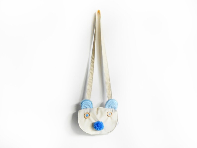 cream and blue bear Modern cross body purse with pompom and ears Toddler pouch with bear face Toddler saddle bag Kids messenger bag