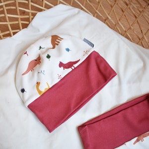 May include: A white and red baby hat with a dinosaur print. The hat has a red fold-over brim and a white top with a pattern of colorful dinosaurs and leaves.