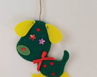 Hanging felt decoration, felt dog and felt flowers hanging decoration