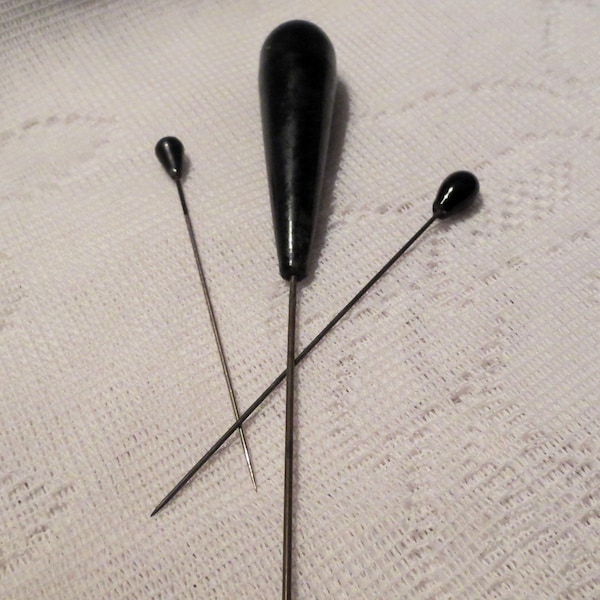 Antique HATPINS Lot of 3 Black Beads Victorian HAT JEWELRY Prior & Early 20th Cen