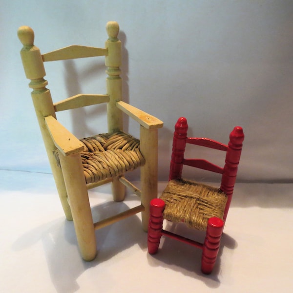 2 Vintage DOLL CHAIRS Handcrafted Wooden SPINDLE Details Woven Seats 8" & 4.5"