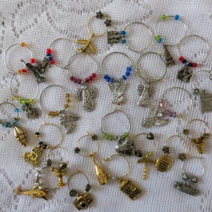 WINE GOBLET CHARMS Lot of 25 Assorted Angels Heart Travel Wedding Events Parties