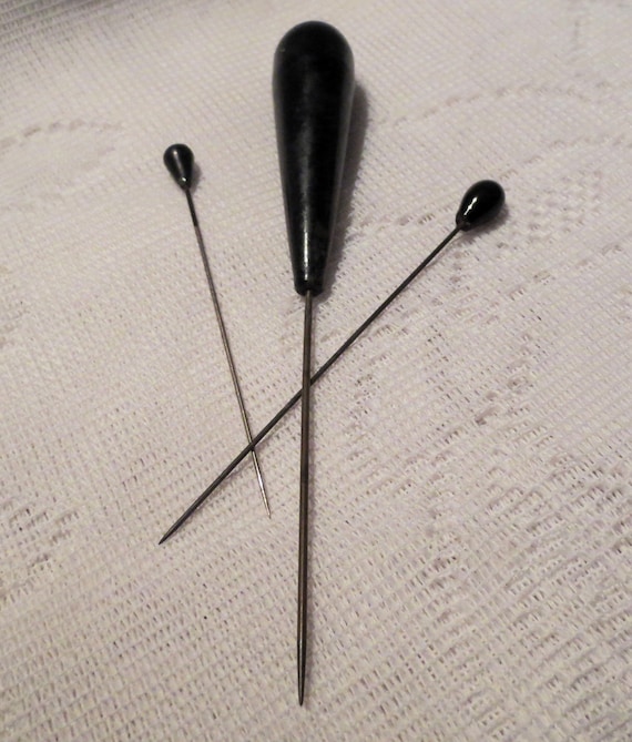 Antique HATPINS Lot of 3 Black Beads Victorian HAT