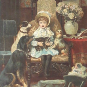 Victorian Lithograph Girl With Dog - Etsy