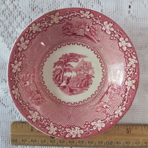 May include: A pink and white ceramic saucer with a decorative border of grape vines and leaves. The center of the saucer features a red and white scene of a castle and a tree.