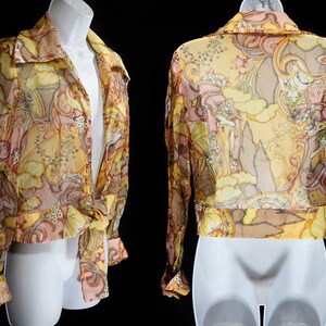 Vintage 70's Sheer Crop Top Blouse Shirt Goddess & Flower Prints M image 3