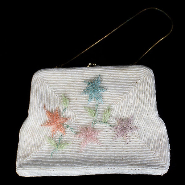 Vintage 60's MISTER ERNEST SIMON White Micro Beaded Purse w/ Colorful Flowers