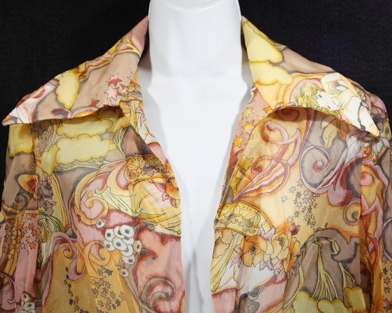 Vintage 70's Sheer Crop Top Blouse Shirt Goddess & Flower Prints M image 2