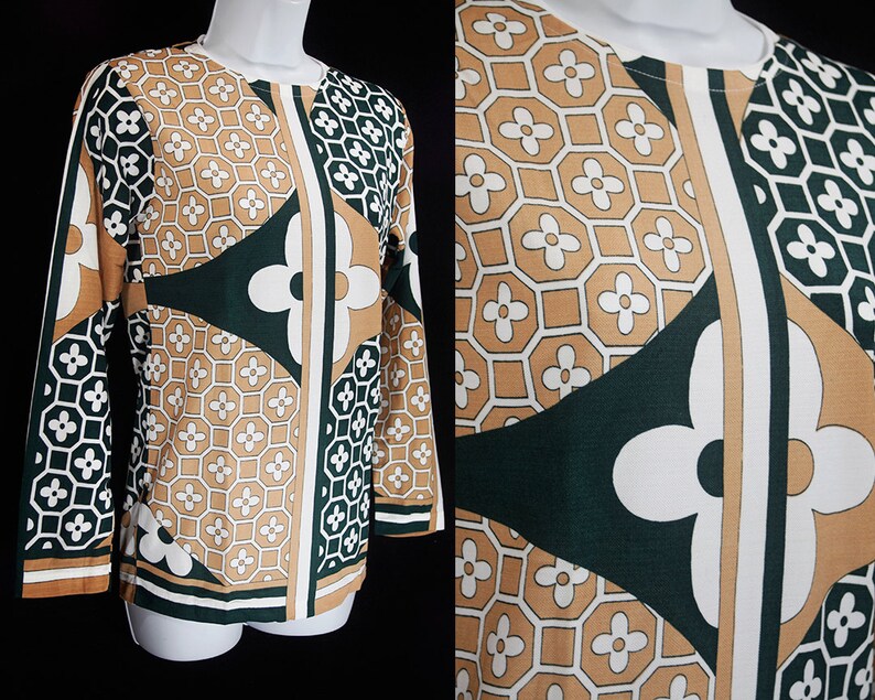 Vintage 60/'s KNIT FASHION Deadstock Tunic Top Green /& Beige Floral Pattern Size M,L