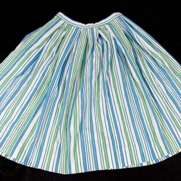 SALE---Vintage 60's Circle Full Pleated Vertical Stripe Skirt Blue Green & White 24" Waist XS