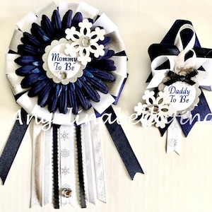 New Baby it’s Cold Outside/ Navy Blue, White & Silver Snowflake Themed Mommy and Daddy To Be Corsage Set