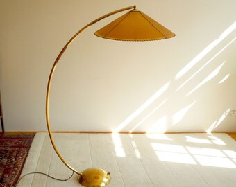 extremly rare german 50's Pitt Müller brass arc floor lamp parchment shade mid century light