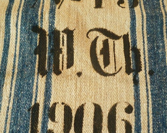 historical hand loomed heavy grainsack  from1906 hemp sack antique sack pillow upholstery herringbone indigo blue stripes monogrammed