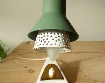 50s 60s green white gold bedside light Ernest Igl style night lamp table lamp adjustable perforated shade