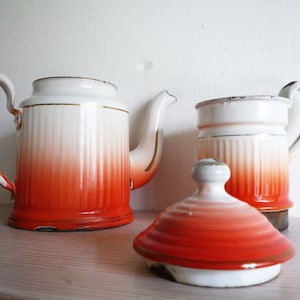 vintage antike orange weiß gold emaillierteTeekanne "parisian"  rustic