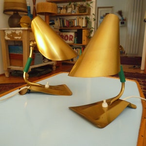 pair of unique 50s brass desk lamp bedside light table lamp Kalmar Stilnovo era mid century modern adjustable lamp 60s accent lamp wall