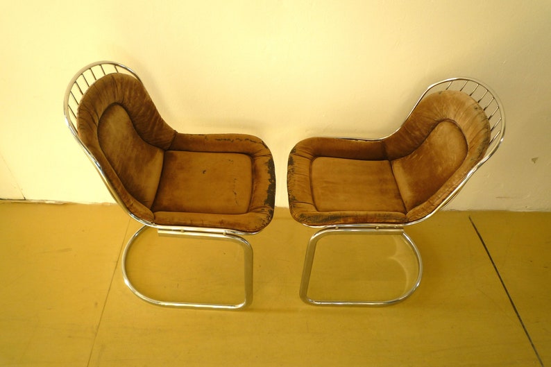 a pair vintage retro mid century chrome chair 80/'s metal chair cantilever easy chair dining chair with original cushions