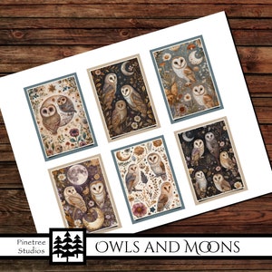 May include: Six printable digital art cards featuring owls and moons. The cards are in a vintage style with a brown, cream, and blue color palette. The cards feature owls with intricate details and moons with a whimsical design.
