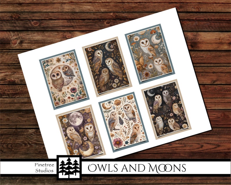 May include: Six printable digital art cards featuring owls and moons. The cards are in a vintage style with a brown, cream, and blue color palette. The cards feature owls with intricate details and moons with a whimsical design.