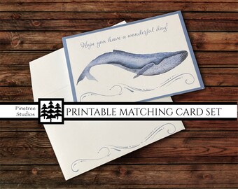 Watercolor Whale ~ Matching Card and Envelope Set (4" x 6" Folded) Digital Download ~ Print and Cut Cards / Vintage