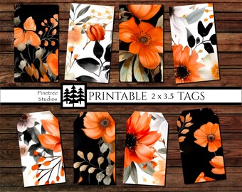 Orange Flowersd 16 Tags  (2"x 3.5") ~ With Corners and Trimmed Corners Digital Download~Printable / Label / Gift Tag / Ephemera / Floral